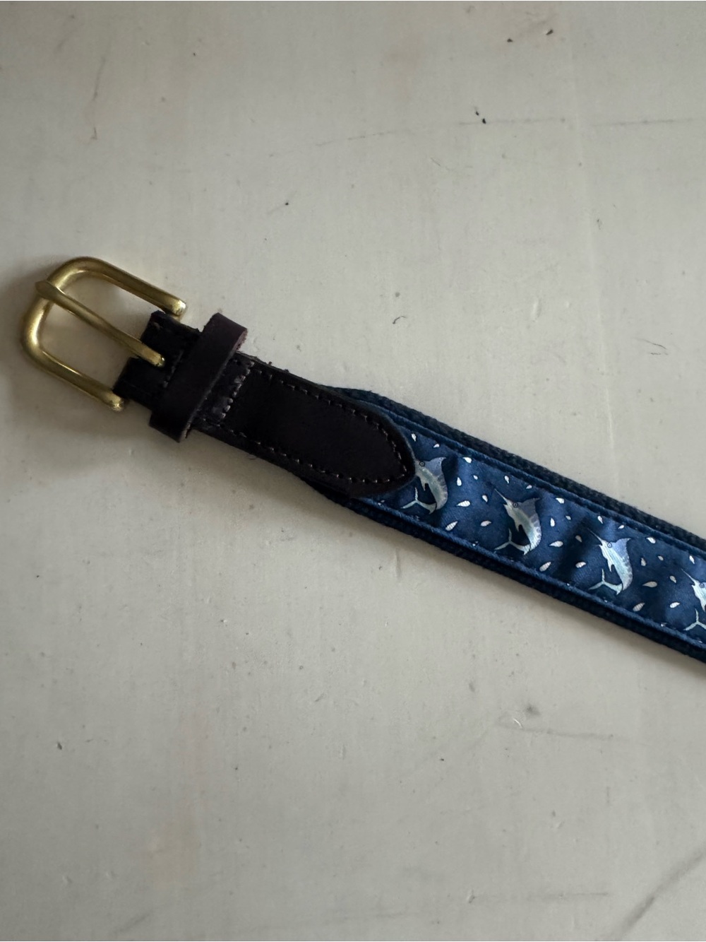 Vineyard Vines Navy Patterned Kids Belt with Leather Trim
